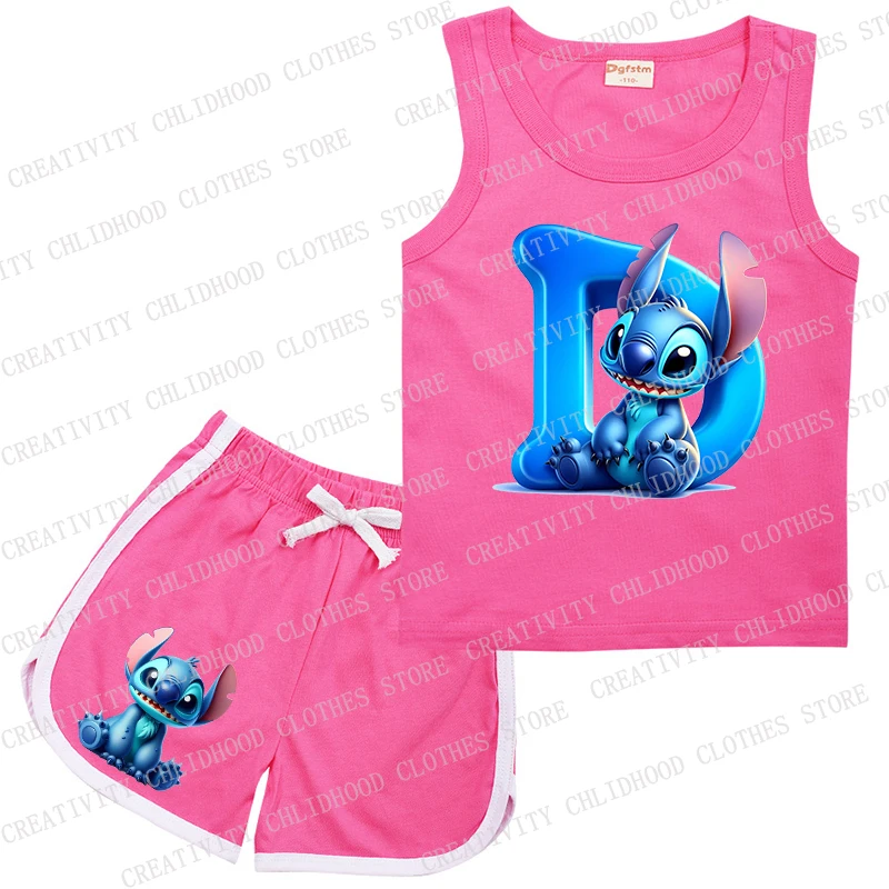 Garnitur dziecięcy Stitch Letter A -Z Sports Rose Clothes Casual Sleeveless Girl Boy Kamizelka i szorty 2Pcs Zestawy dla dzieci Odzież letnia