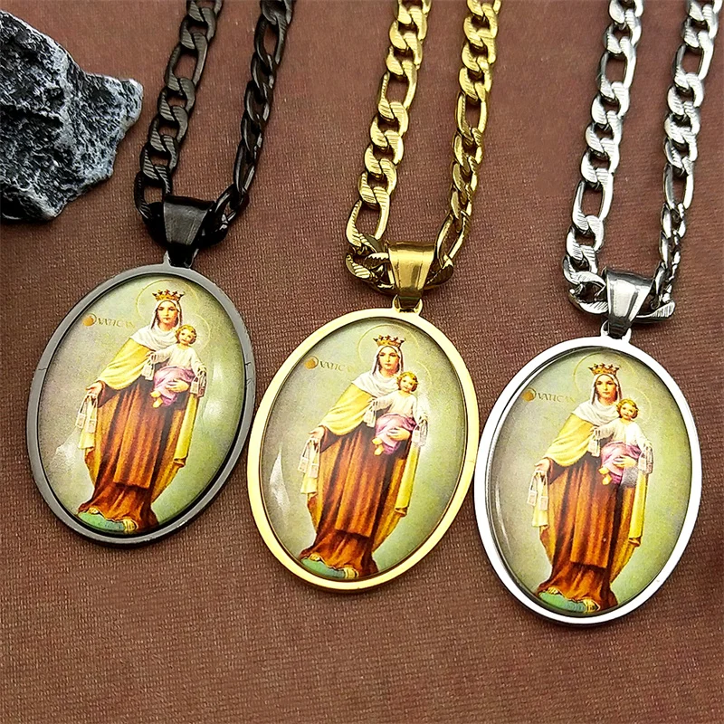 مريم العذراء الطفل يسوع الزجاج ميدالية قلادة قلادة للنساء الرجال الفولاذ المقاوم للصدأ الذهب اللون الكاثوليكية حماية سلسلة مجوهرات