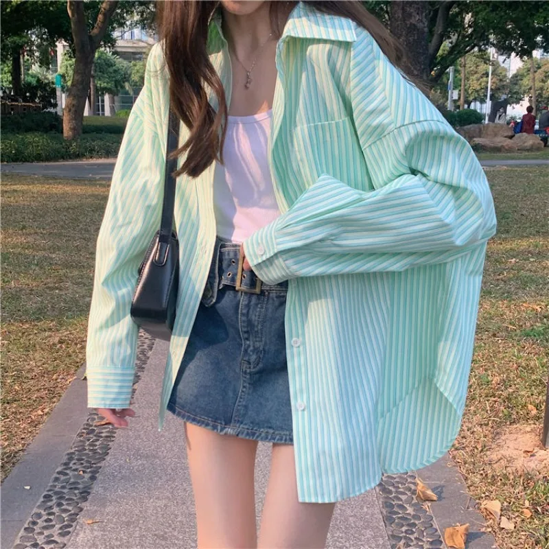 Basic Summer Stripe Shirt Green Pink Long Sleeve Blouses Striped Top Korean Popular Women\'s Clothes 2023 Youthful Woman Clothes