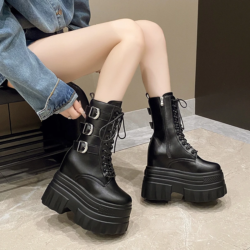 14CM Women High Platform Motorcycle Boots Gothic Leather Punk Boots Winter Warm Fur Snow Shoes Mid-calf Short Combat Boots Woman
