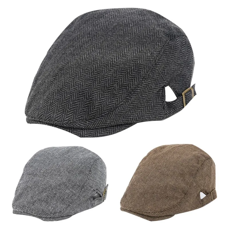 Men's adjustable checkered striped beret cotton thickened hat flat top