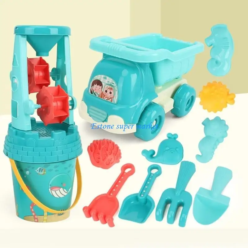 090bサンドトイビーチセットサンドホイール、トラック、バケツ、シャベル、レーキ、砂型の幼児用の建物キットを添えた12個