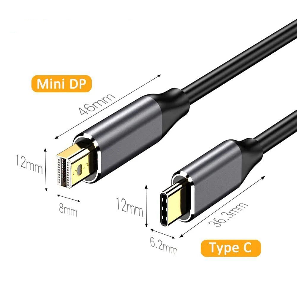 Câble USB C Thunderbolt3 vers Mini DisplayPort, compatible avec Type-C, Macbook Surface Pro, PC vers Mini DP, écran moniteur, 4K, 60Hz