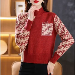 Women Clothing Letter Jacquard Sweaters Autumn Winter Wool Knitted Thick Pullovers Office Lady Vintage Elegant Fashion Knitwear