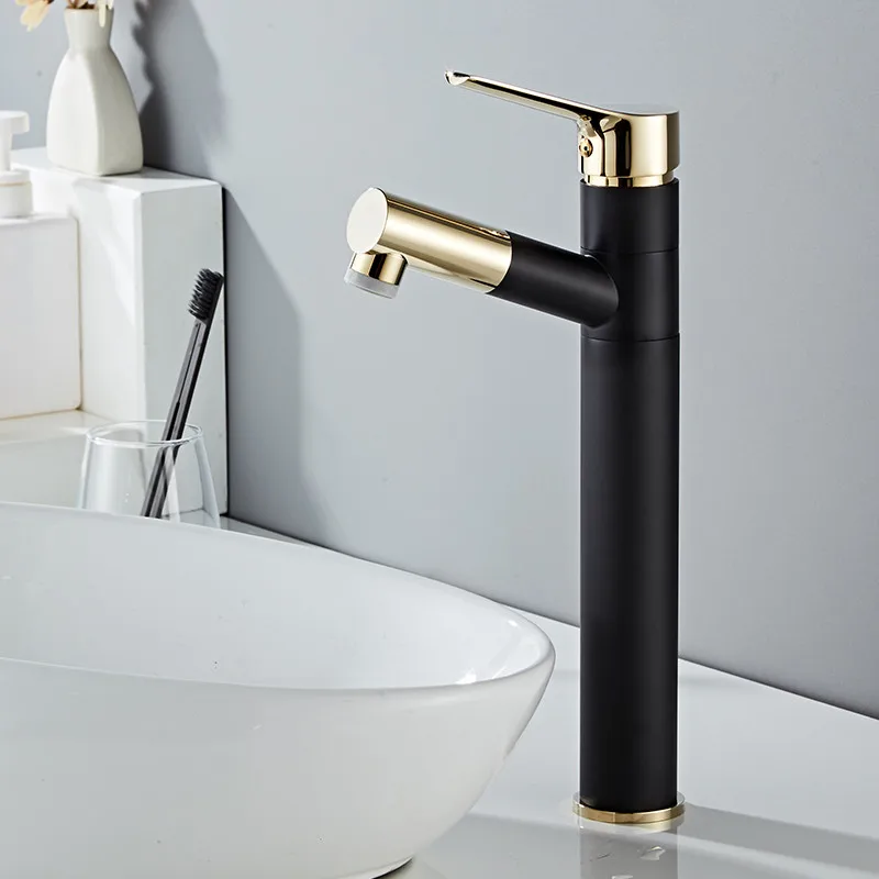 Bathroom Basin Faucet Brass Sink Mixer Tap Hot & Cold Pull Out Single Handle Deck Mount Rotating Lavatory Water Crane Black Gold