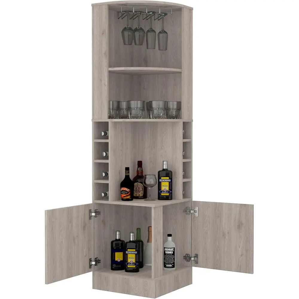 

71 Tall Farmhouse Style Wine Bar Cabinet with Rack and Storage for Home in Light Gray