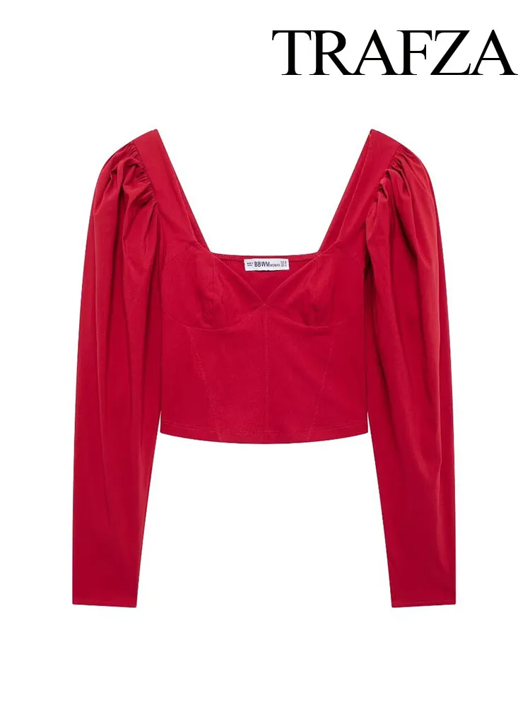 

TRAFZA Women Elegant Red Folds Puffy Sleeve Short Top Female New Fashion Sexy Backless Long Sleeve Slim Top Streetwear Mujer