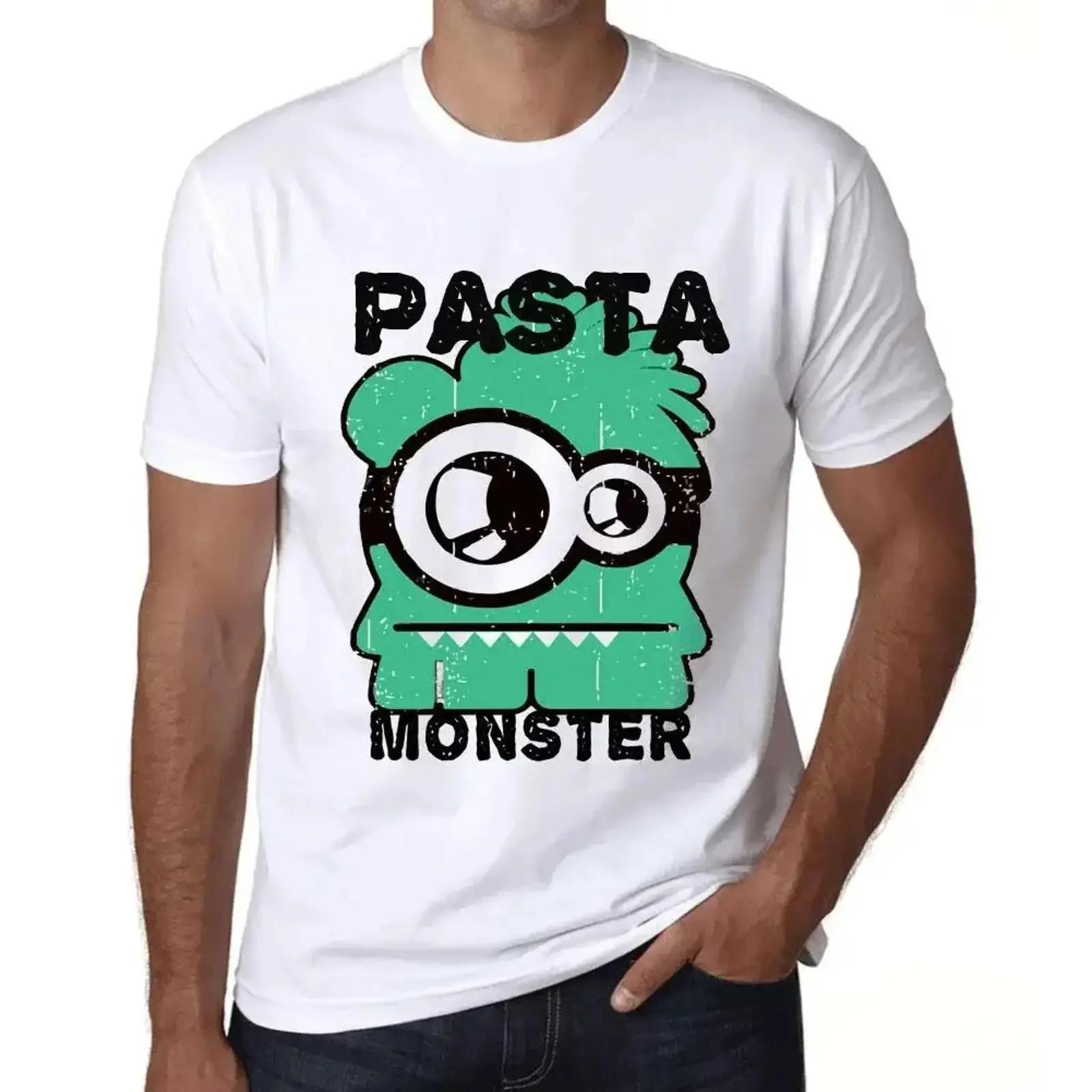 Camiseta para Hombre Pasta Monster Ecológica Edición Limitada Vintage Lavada Versátil Elegante Elástica Unisex con Gráfico Ligeramente Elástico