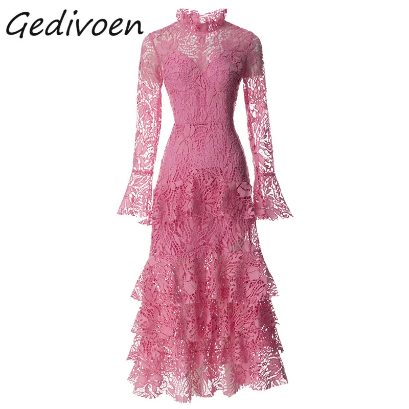 Gedivoen Summer Fashion Runway Elegant Pink Cake Dress Women O-Neck Embroidery Hollow Out Ruffles Splicing High Waist Long Dress