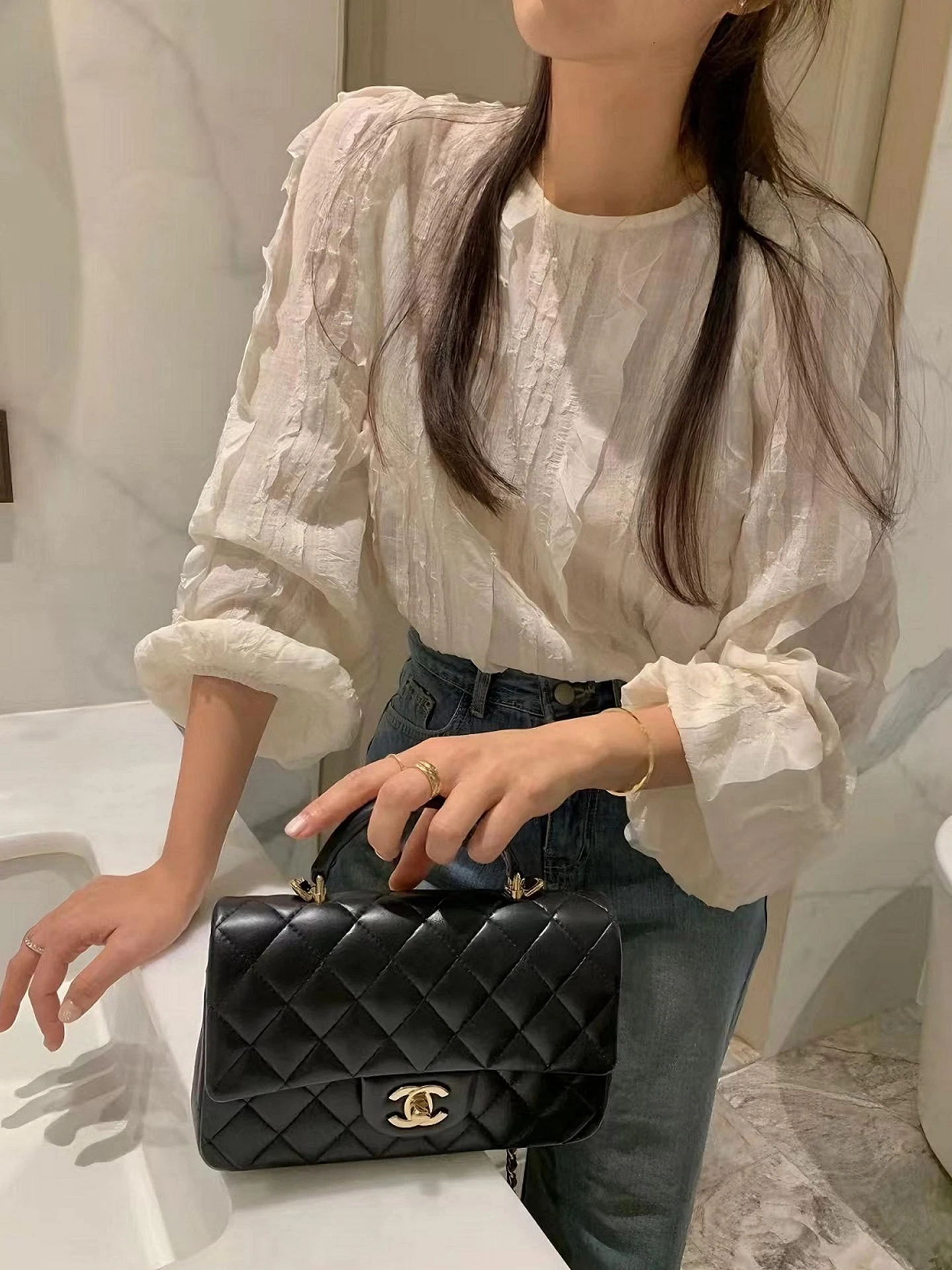 여성용 루즈 버블 스웨트 디자인 센스 스플라이싱 3D 우드 가을 신상 순색 다용도 탑