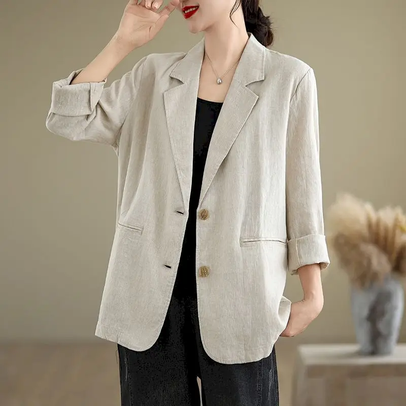 Casual Blazers for Women Cotton Linen Suit Collar Long Sleeved Jacket Top Spring Autumn Trend Thin Loose Fashion Blazer Coats