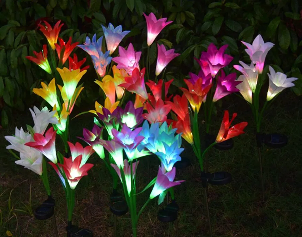 

Outdoor Solar Garden Stake Lights Powered Lights with 8 Lily Flower.Multi-color LED Patio Lights for Purple and White 2 Pack