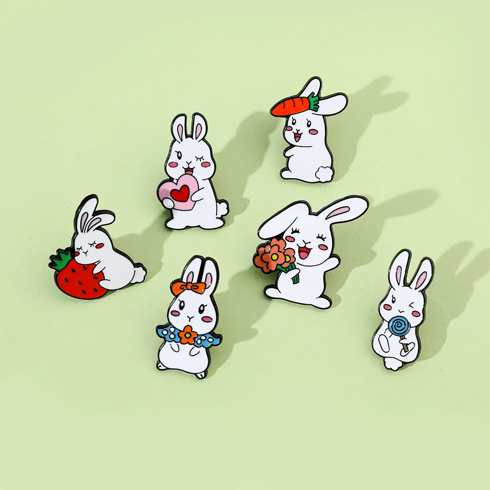 6 Pcs Cute Little Rabbit Brooch Creative Love Carrot Enamel Brooch Metal Paint Badge Backpack Clothing Jewelry Wallet Pendant