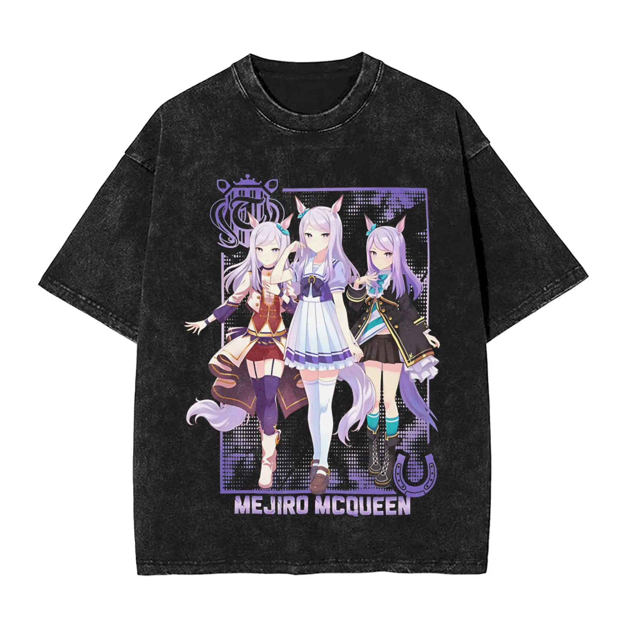 تي شيرت مغسول Mejiro Mcqueen Uma Musume الهيب هوب تي شيرت الشارع الشهير 100% قطن مطبوع بلايز تي شيرت للرجال والنساء