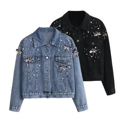

Spring Autumn Heavy Du Five Dragoies Bead Slim Long Sve Denim Jaet Women's Jaet Top Commute Sle Loose Fit