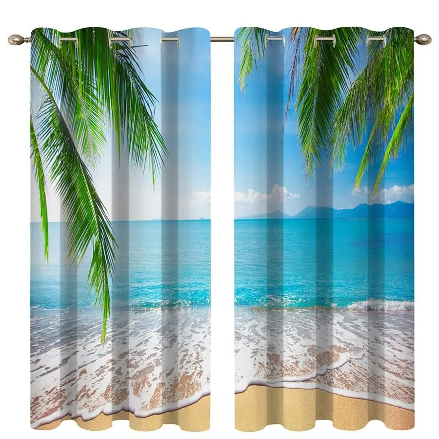 

Beach Curtains, Palm Ocean Blackout Curtains 63 inch Length 2 Panels for Bedroom Living Room Nursery, 52 x 63, Green Blue