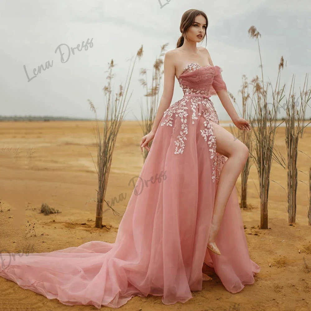 

Lena Pink A-Line Applique Tulle Ball Dress Sweetheart One Shoulder Strap Evening Dress Sexy High slit Party Dress Robe Evening