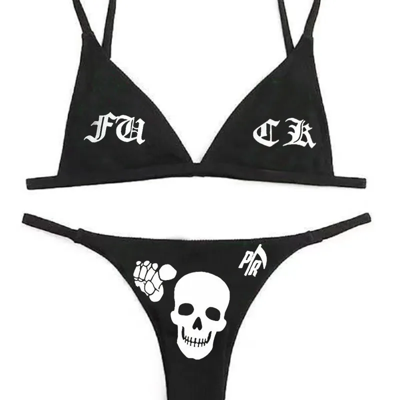 Gothic Skull Print Triangle Bikini Set Women Sexy Dark Punk Swimsuit Bathing Suit Beachwear Product Description