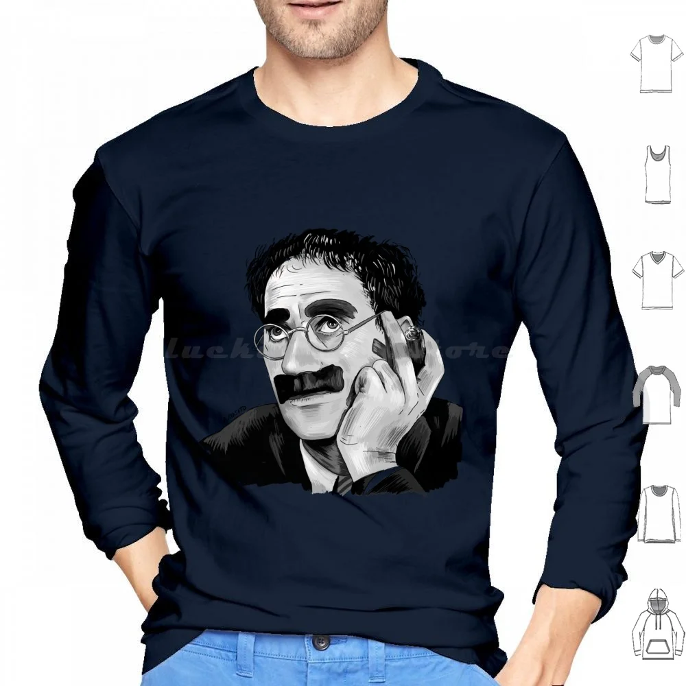 Groucho Marx Portrait Illustration By Burro Hoodie cotton Long Sleeve Groucho Marx Marx Marx Brothers Humor Comedy Slapstick