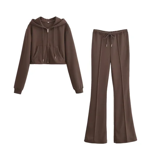 Conjunto de chaqueta corta con capucha y cremallera para mujer y pantalones acampanados con cordón, acogedor y elegante para un aspecto diario y deportivo
