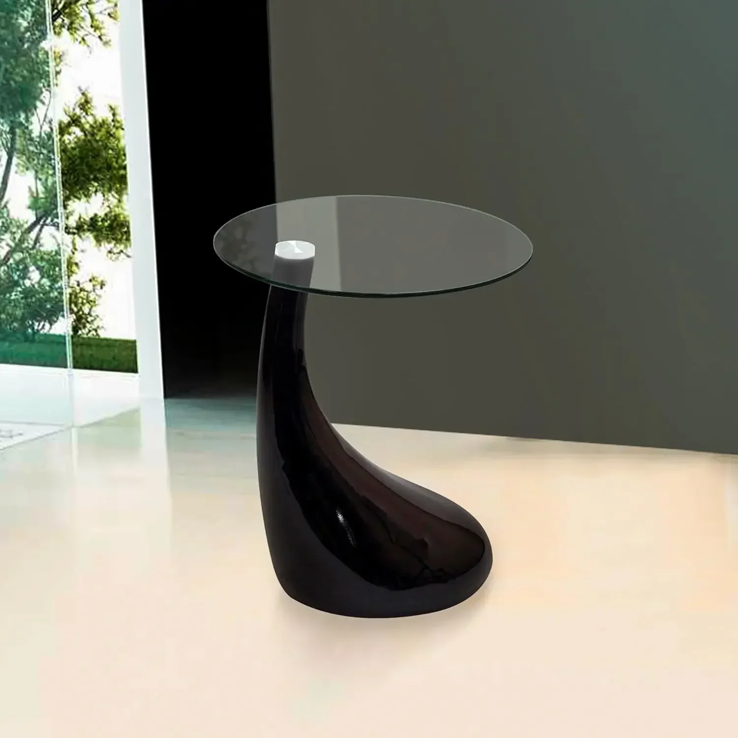 Round Top for Living Room, Offices, Bed Side Glass End Table with High Gloss Base, 18 in, Black