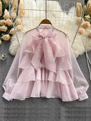 French Spring Summer New Style Ruffles Edge Gentle Sweet Style Long-sleeved Chic Fairy Blouse Top Women Blusas Mujer D985