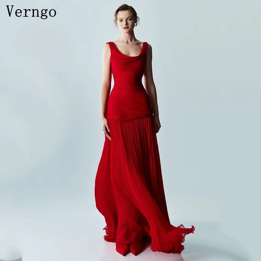 

Verngo Red Evening Dress Elegant Spaghetti Straps A Line Prom Dress Flowing Hand-pleated Silk Prom Party Dress Customized
