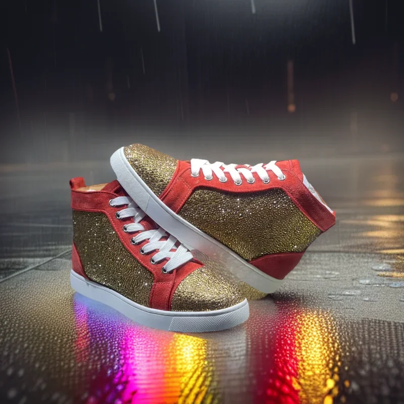 

Fashion High Top Red Bottom For Men Gold Crystal Trainers Driving Crystal No Spiked Suede Genuine Leather Rivets Flats Sneaker