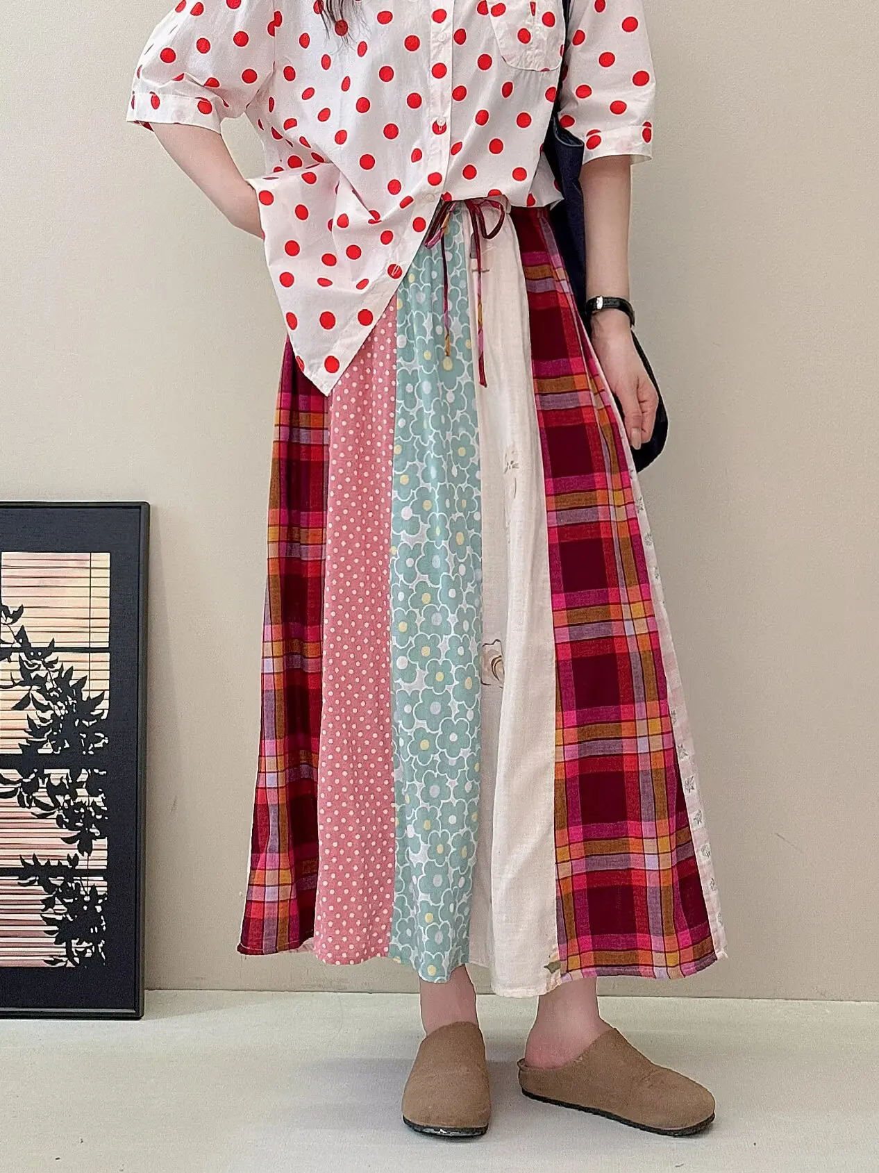 Japanese Sweet Mori Girl Vintage Floral Print Plaid Patchwork Cotton Skirts Women Summer Elastic Waist Casual Loose A-Line Skirt