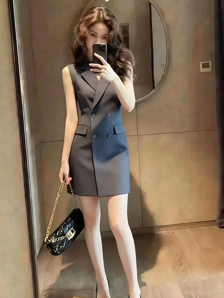 

Gray Slim Fit Suit Dress Women's Sleeveless Waist-Cinching Turn-down Collar Summer New Style Versatile Short Skirt