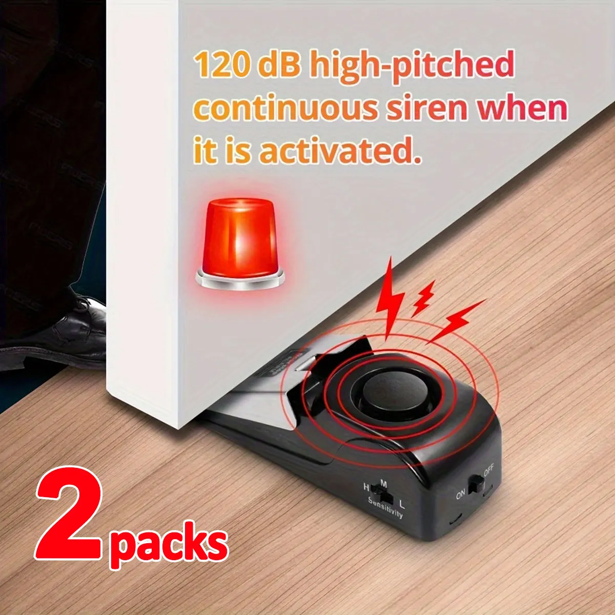 

2 Pack Wireless Door Stop Alarm System 120dB Wedge Security Floor Door Stops Adjustable Sensitivity Home Doorstop Preasure Alarm
