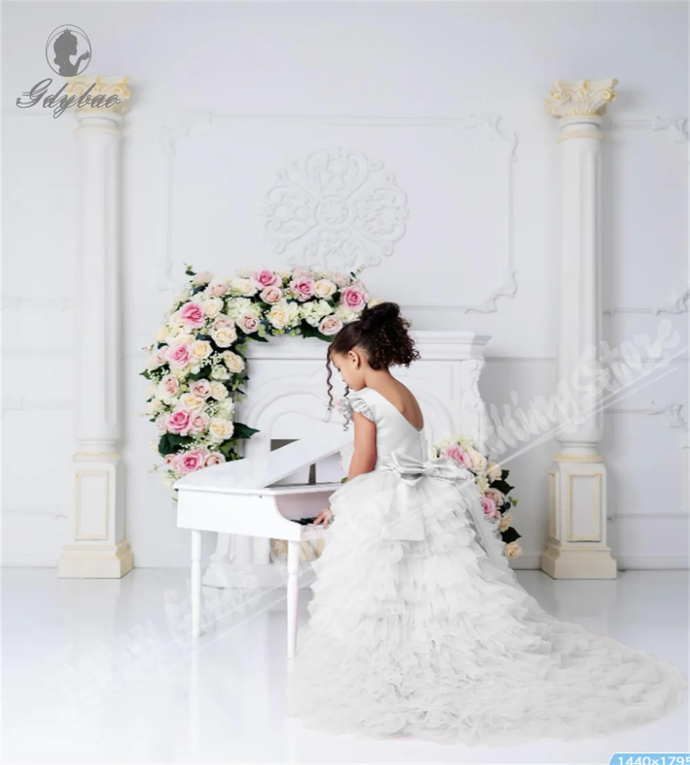

Girls' Wedding Party Dresses Asymmetrical Length White Elegant Flower Girl Dresses For Birthday Performance Communion