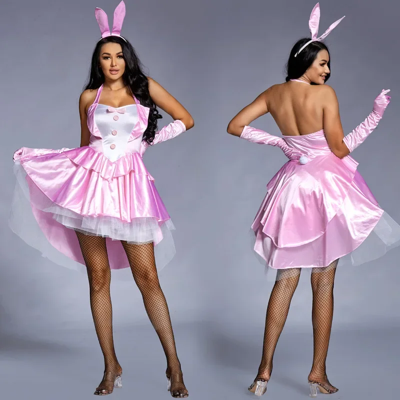 Disfraz Sexy de chica conejito rosa, colas de esmoquin, Halloween, Navidad, Carnaval, fiesta, conjuntos de disfraces sexys, vestido para mujer, conjunto de 3 piezas