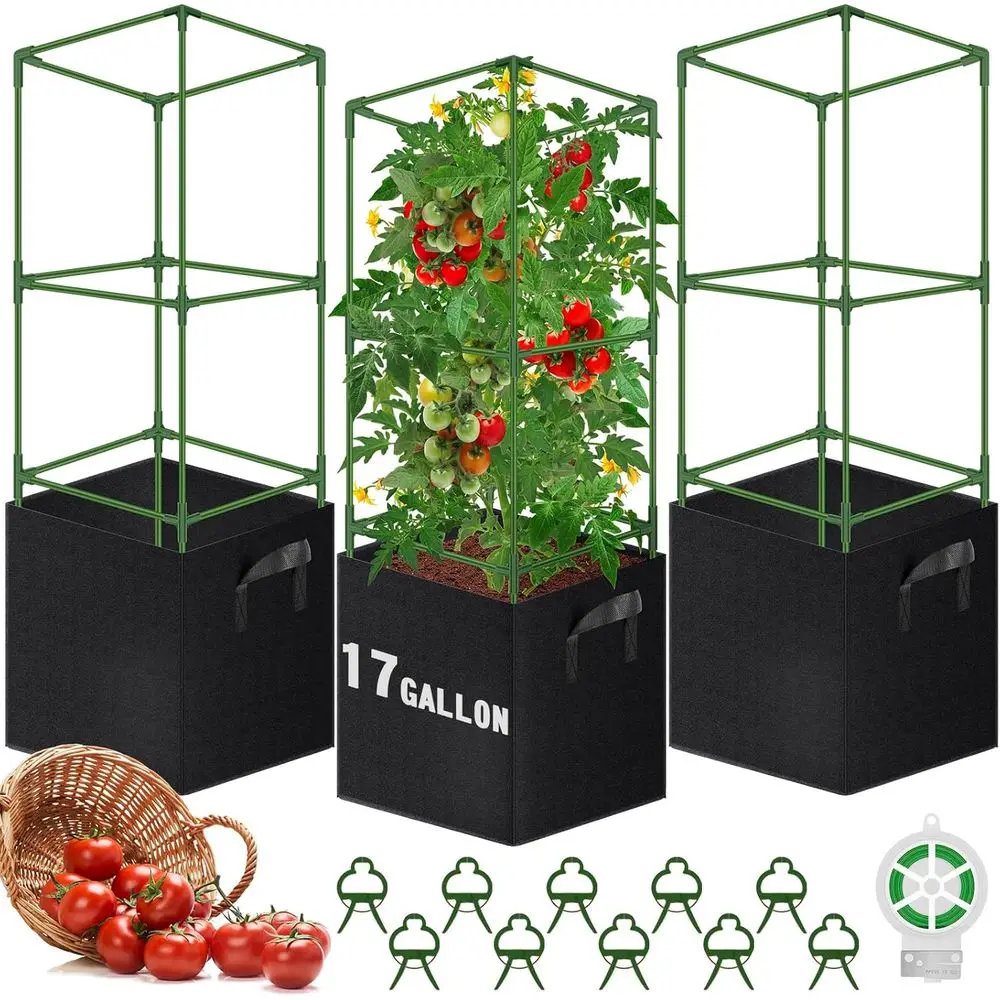 3 Pack 46'' Square Tomato Cages with 17 Gallon Grow Bags | Heavy Duty Steel Garden Plant Support Stakes Kit, lowers Vegetable Tr