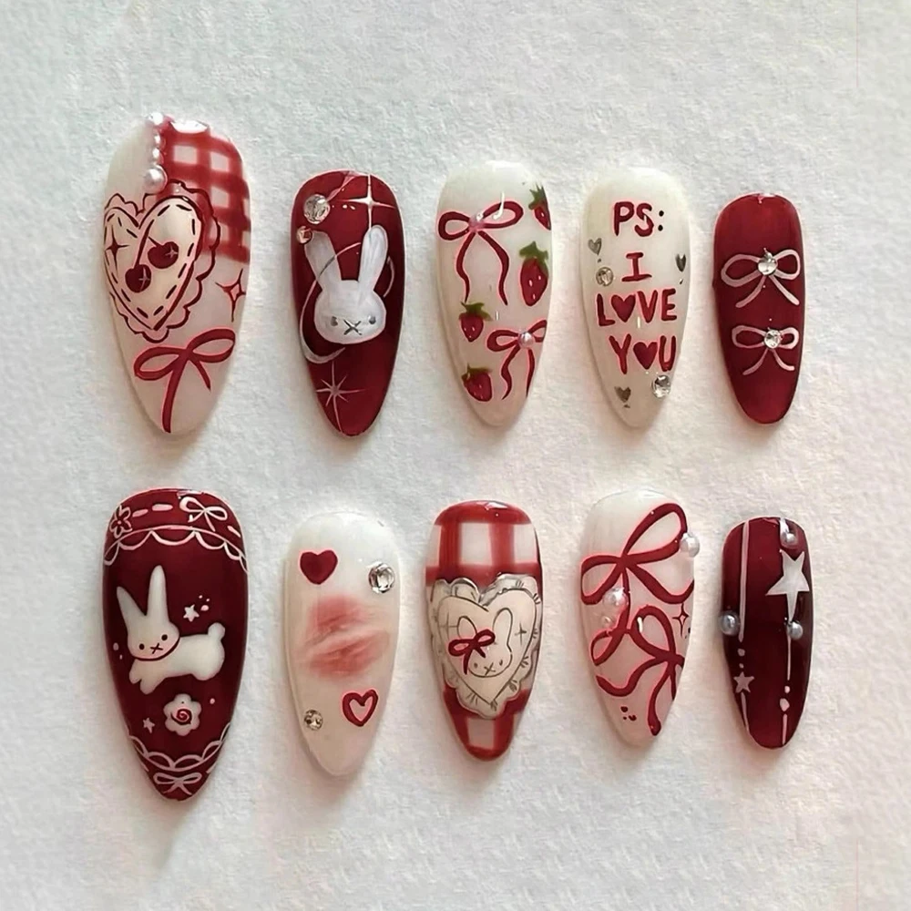 

30Pcs Butterfly Cartoon Rabbit Press on Nails Medium Almond Fake Wine Red Almond Rhinestone Pearl Design DIY Fingernails Y2K