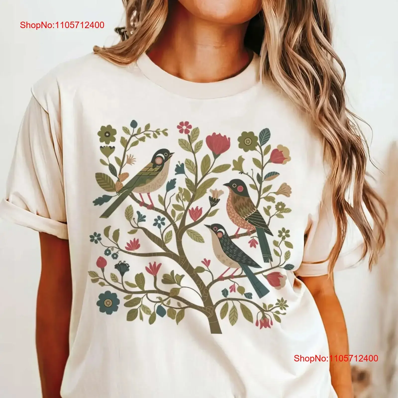 Cottagecore Bird T Shirt Folk Art Birds and Flowers Scandi Plus Sizes Oversized Birding For Her vintage Washed Stylish Casual