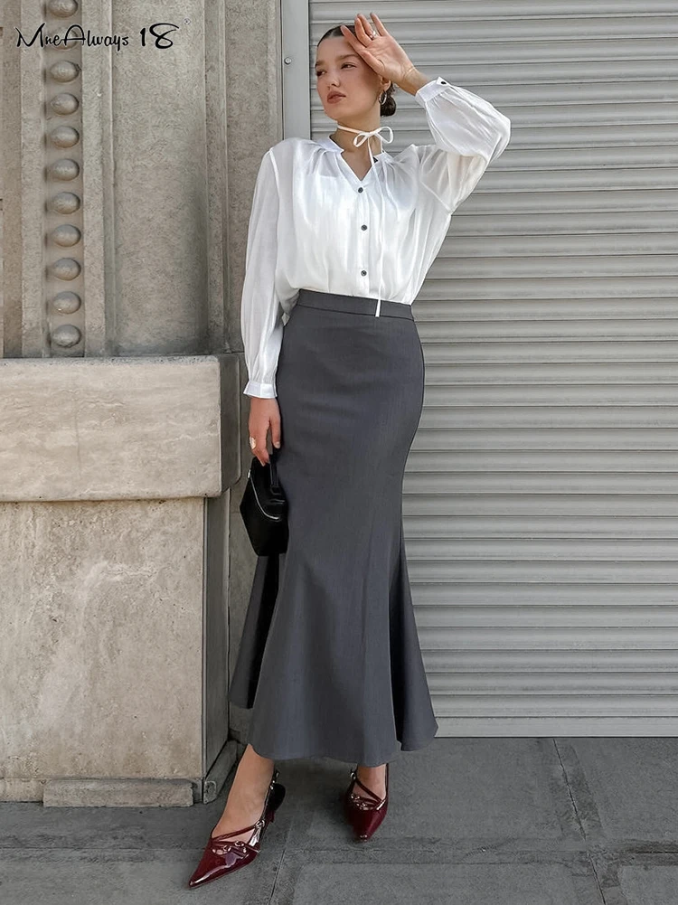 

Mnealways18 Elegant Gray Women Fishtail Skirts High Waist Drape Bodycon Long Skirts Office Ladies Black Casual Midi Skirts Lady