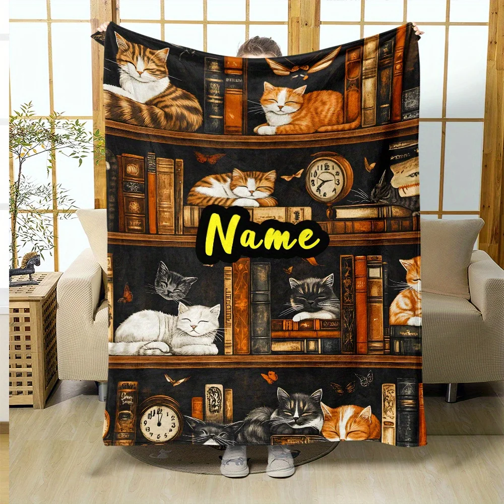 1 customized name book enthusiast gift lightweight flannel blanket with cat and bookshelf design, soft and warm suitable