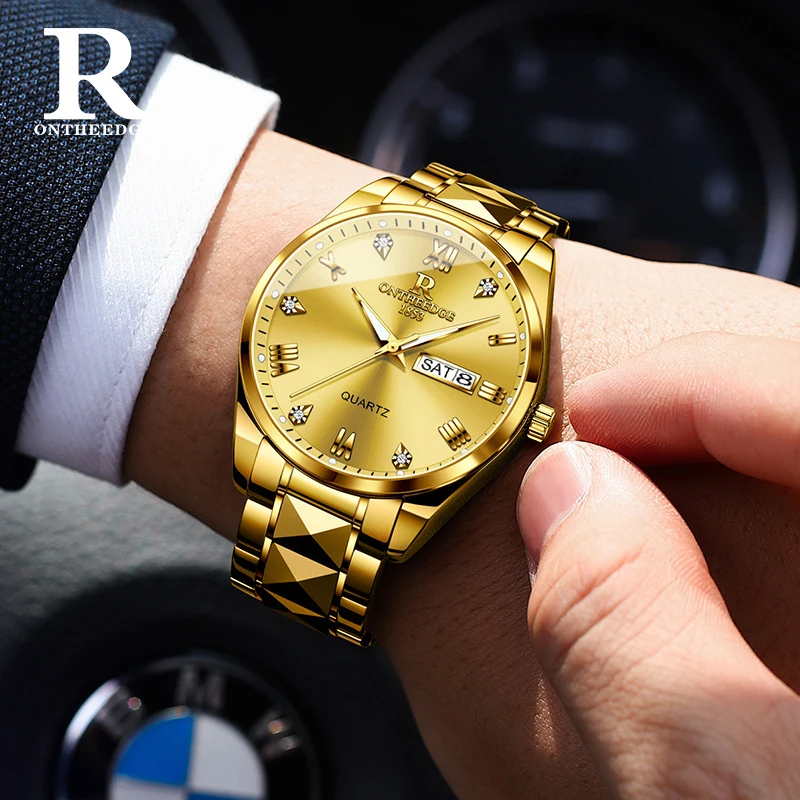 Fashion Gold Quartz Watch for Men Week Date Clock Sports Waterproof Watches Men Luminous Wrist Watch Luxury Relogio Masculino