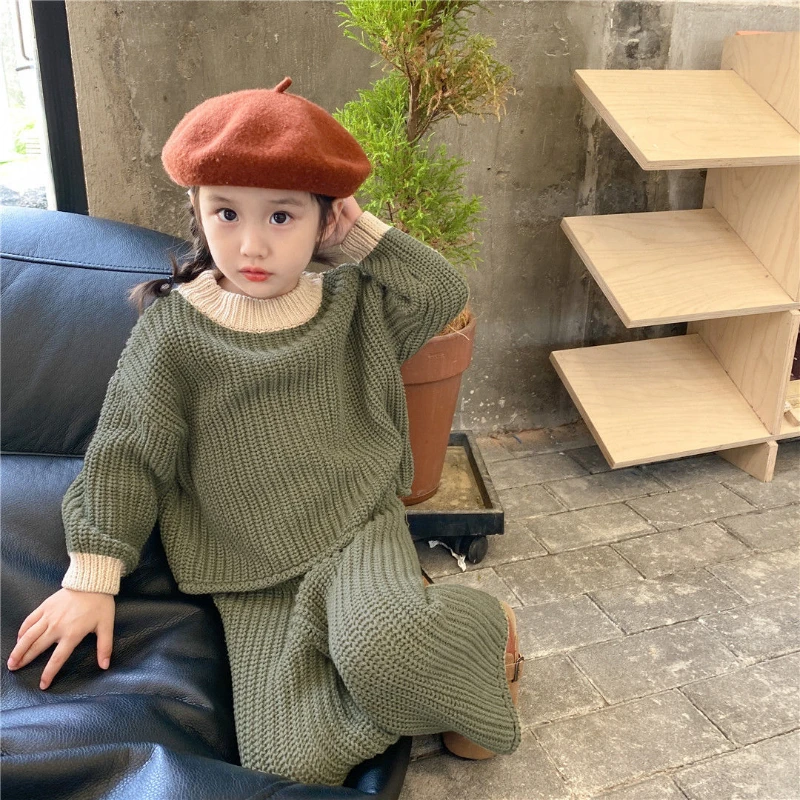 

Girls Sweater Set 2023 Fall New Korean Version of The Female Treasure Knitted Top Wide Leg Pants Two-piece Set