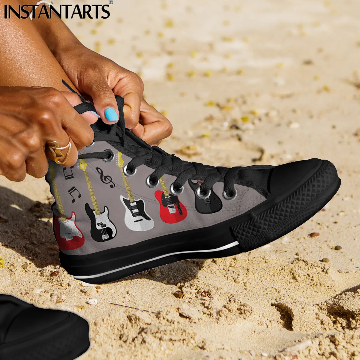 Men's Cool Vulcanize Shoes Guitar Casual Teen Boys High Top Lace-up Canvas Shoes For Male Flats Outdoor Zapatillas