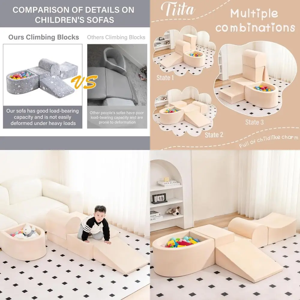 5-Piece Beige Foam Climbing Blocks with Ball Pit for Baby's Indoor Playtime Adventure