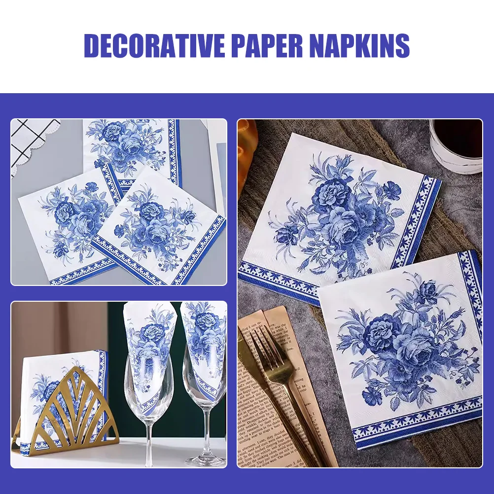 100 Pcs Blue and White Napkin Floral Tablecloth Chinese Style Paper Napkins Cocltail Chinoiserie Decorative Party Decorations