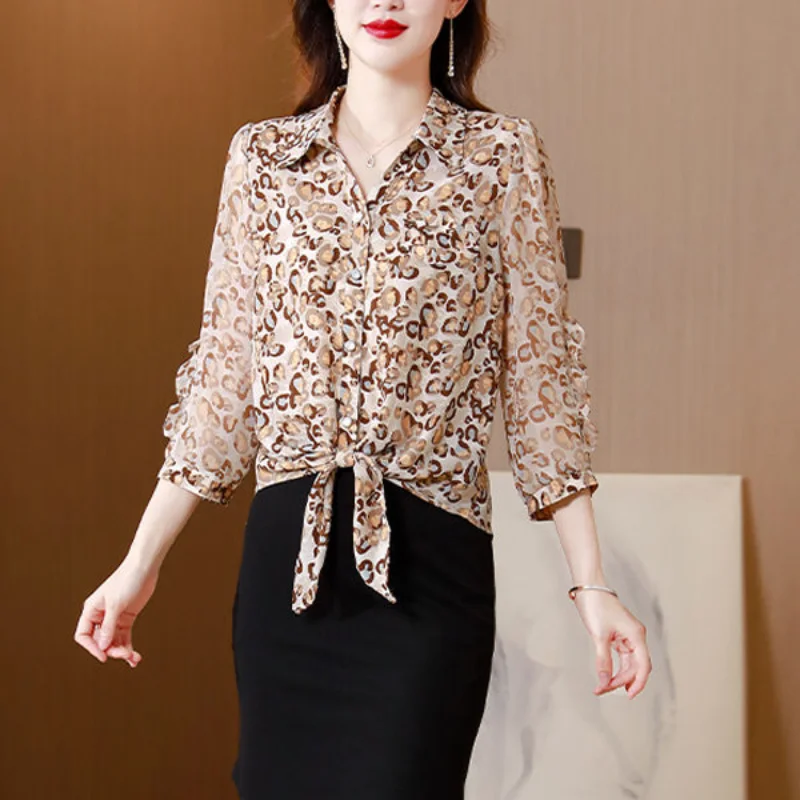 Fashion Fragmented Chiffon Blouse Women Shirt with 3/4 Sleeves Office Polo Collar Elegant All-match Lady Single-breasted Shirt