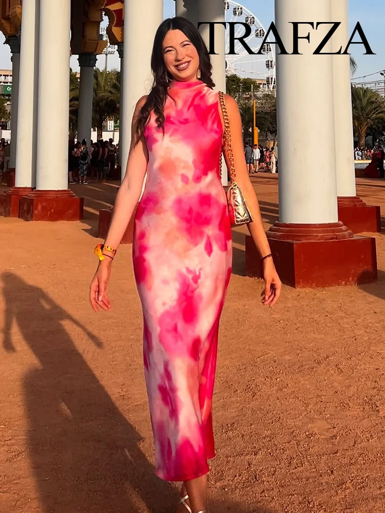 HH Mulheres Verão Em Torno Do Pescoço Moda Tie-Dye Seda Cetim Textura Midi Vestido Feminino Elegante High Street Casual Vestido Sem Mangas
