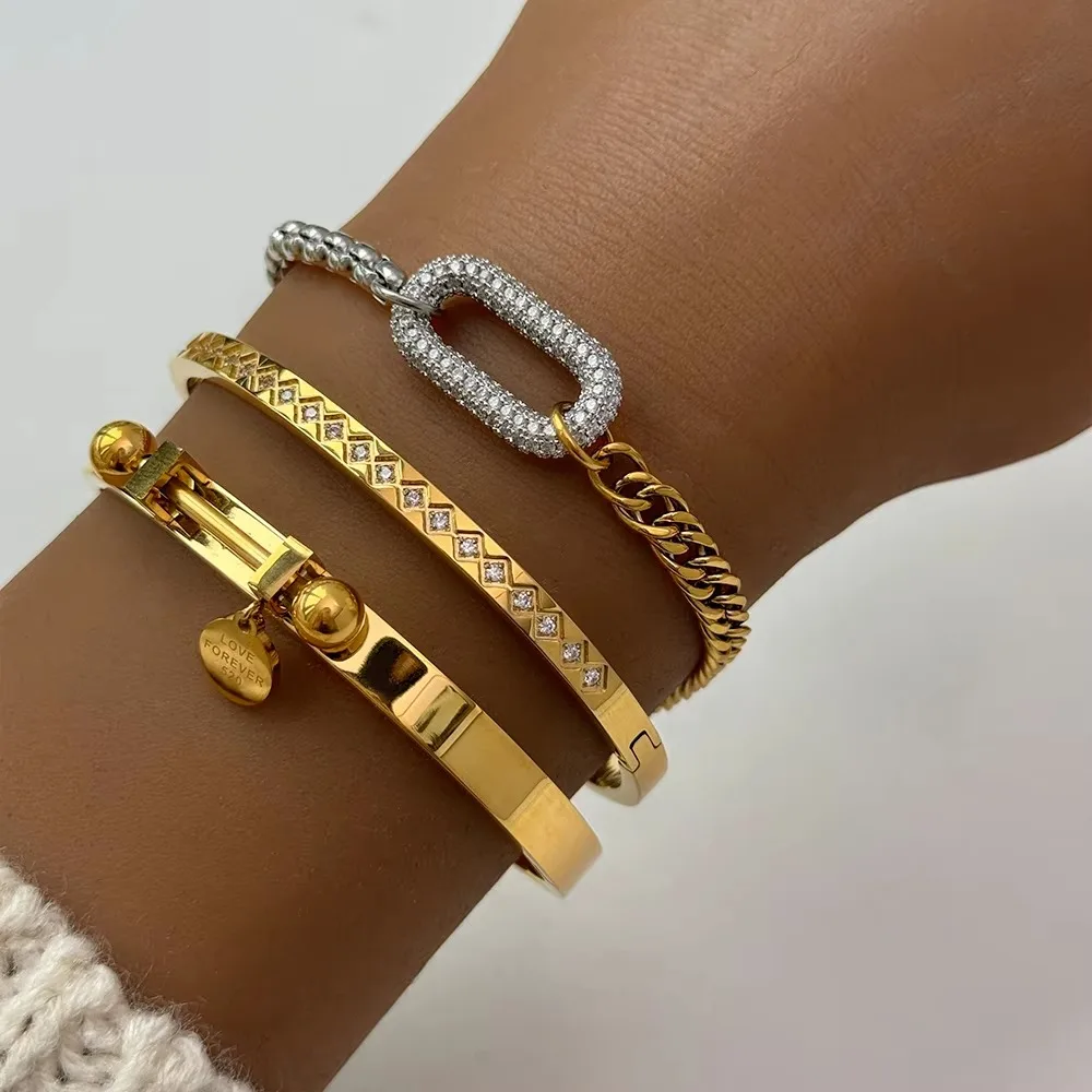 Fashion Designer Jewelry Waterproof Stainless Steel 18k Gold Plated Two Tone Oval Zircon Charm Multilayer Necklace for Women
