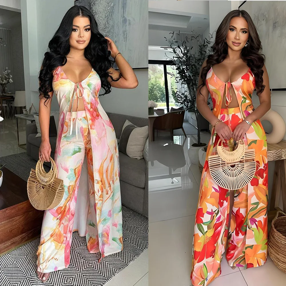 

Women's Set Floral Print O-neck Strap X-Long Top and Wide Leg Pants Summer Sexy Party Two 2 Piece Sets Outfits Tracksuit