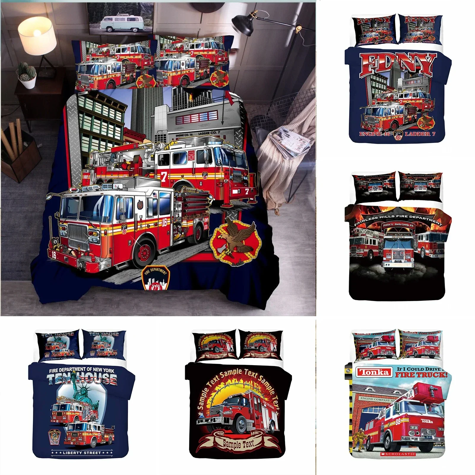 Firefighter Truck Duvet Cover King/Queen Size Red Firemen Car Bedding Set for Kids Boys Girls Fire Engine Polyester Quilt Cover