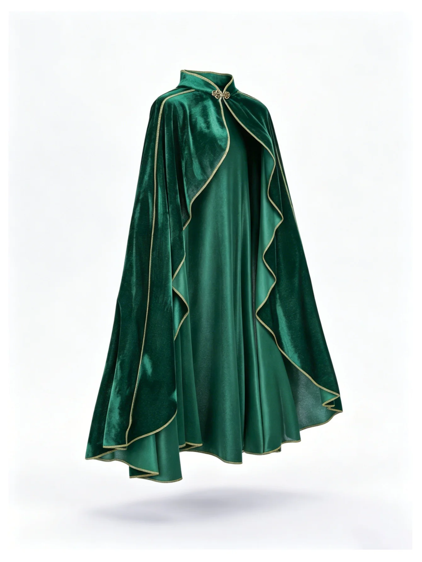 Women Vintage Green Velvet Cape Cloak Gold Trim Stand Collar Cosplay Costume Long Cape For Halloween Party Medieval Renaissance Dress Up view 5