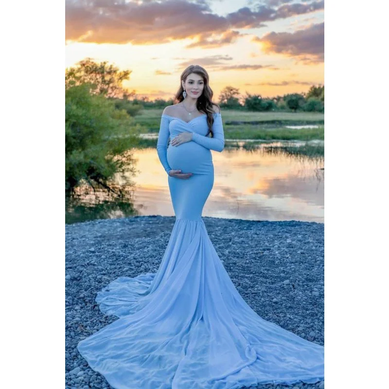 New Long sleeved V-neck Pregnant Women's Photo Shooting Tail Long Dress Photography Dress Long Dress Evening Dress